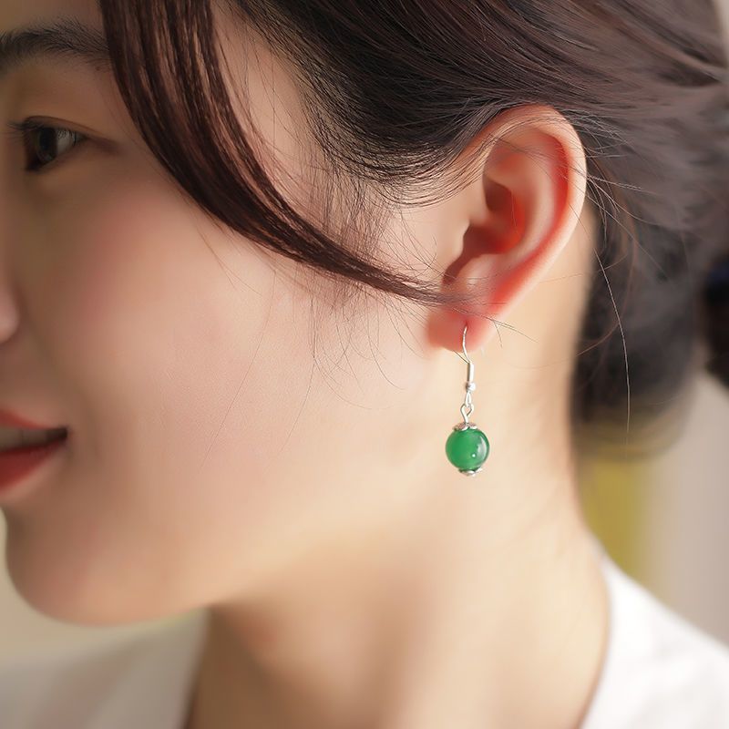 绿玛瑙耳环印象眸玛瑙圆珠耳环女款玉髓耳环简约时尚女款菠菜绿合金