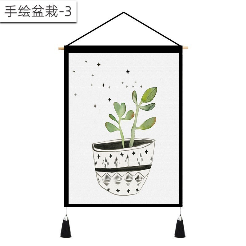 北欧挂画布艺墙布挂布背景布挂毯三联装饰画 客厅卧室房间床头 手绘盆栽-3 （绒）宽45cm*高65cm