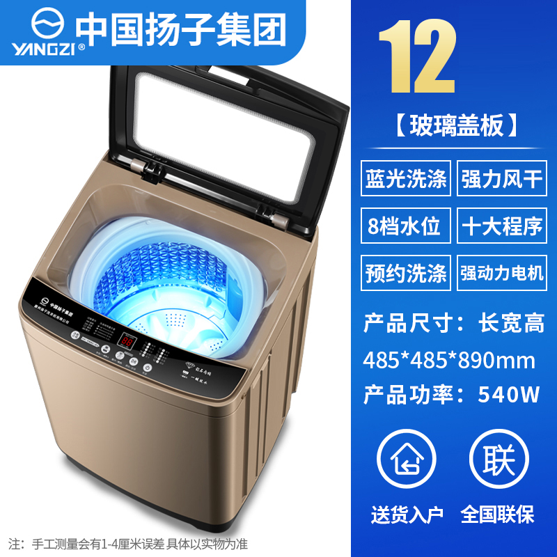 扬子洗衣机全自动家用10公斤大容量租房用小型宿舍 12玻璃盖板蓝光洗涤