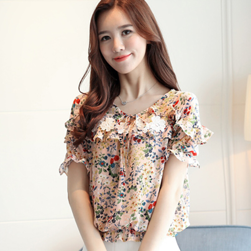 宽松t恤女短袖夏季印花打底衫短款韩版小清新雪纺上衣喇叭袖小衫