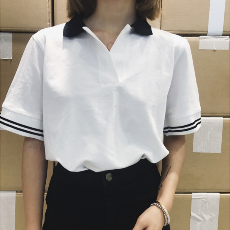 春夏女装韩版宽松短袖polo衫T恤百搭学生休闲打底衫中袖体恤上衣黑色均码