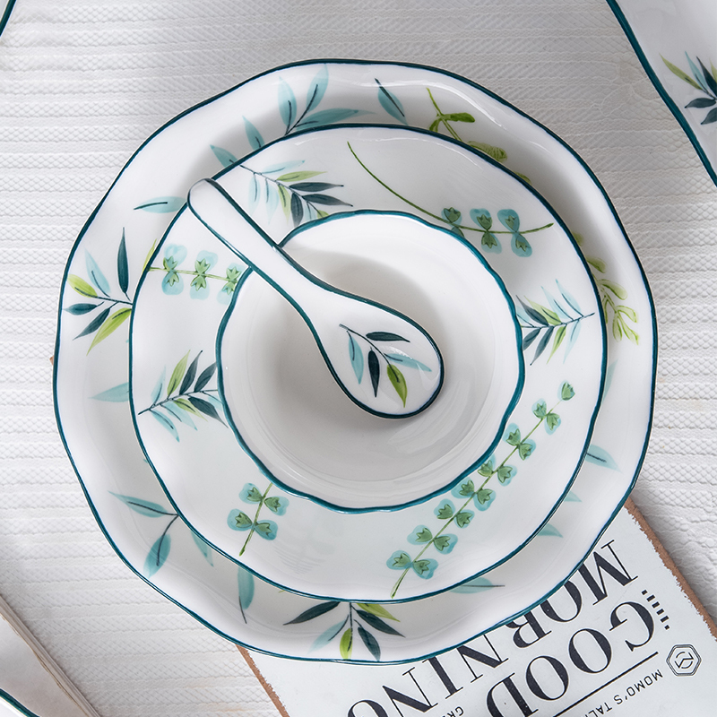 凌天 景德镇北欧绿荫小清新陶瓷四人食餐具家用套装餐盘菜盘汤盘泡面碗马克杯碗盘套装高清大图