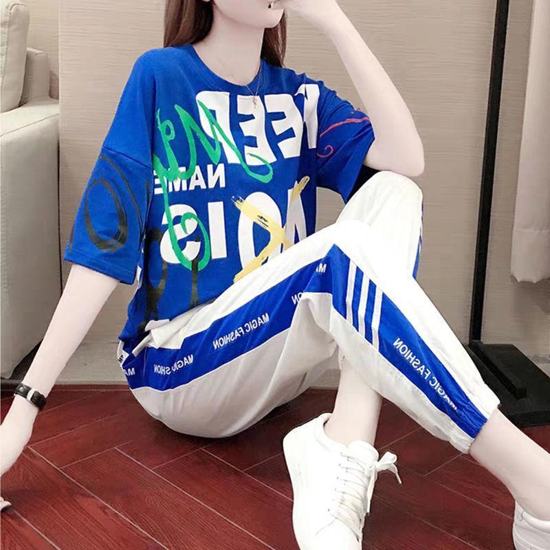 运动套装女2021新款韩版宽松休闲微胖显瘦两件套大码运动套装女夏