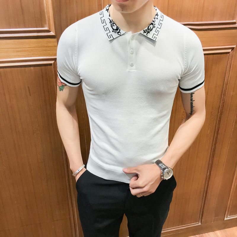 短袖Polo衫男士夏款新款韩版修身个性翻领款条纹帅气潮针织打底衫