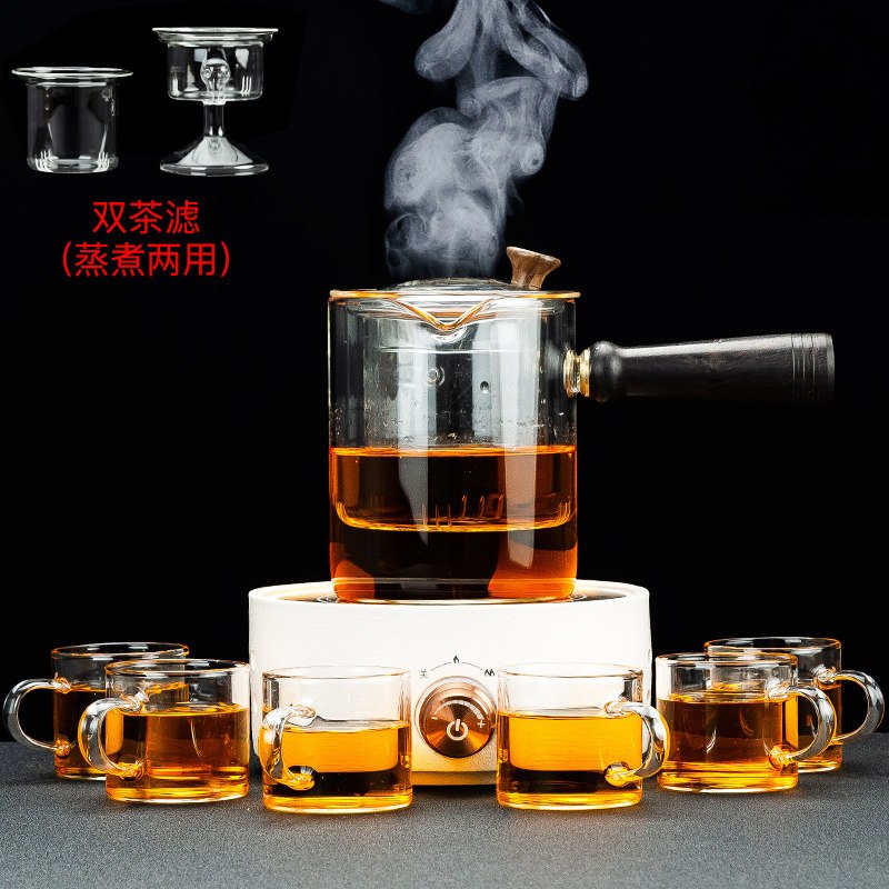 家用玻璃煮茶器黄金蛋电陶炉套装侧把烧茶壶普洱蒸汽蒸茶壶泡茶整套 简馨白陶电陶炉+畅意煮茶壶8件套