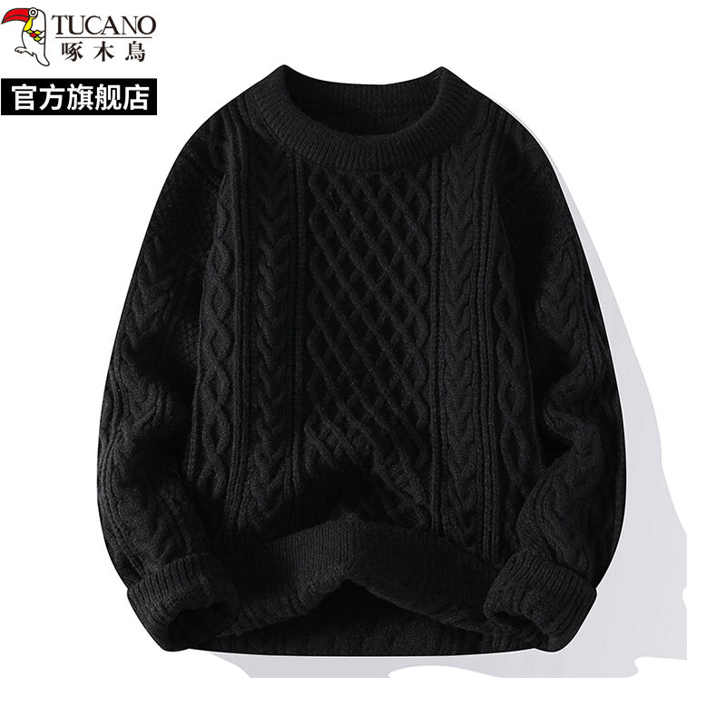 啄木鸟春秋新款圆领麻花毛衣男士冬季加绒针织打底衫内搭线上士春高清大图