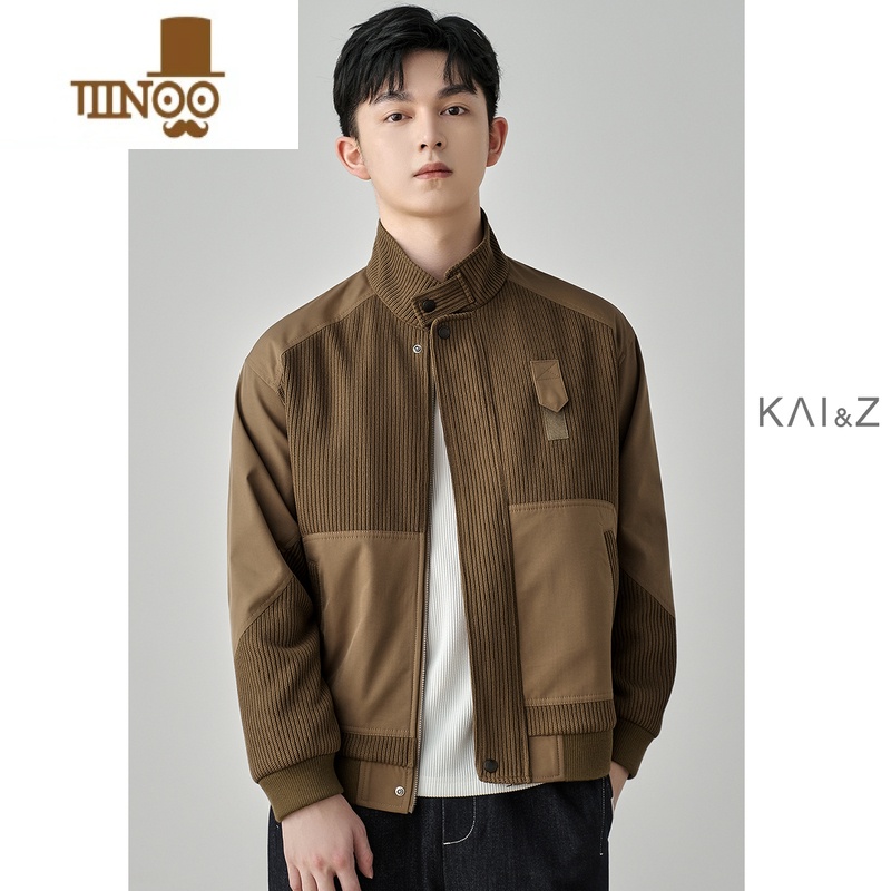 YANXU立领外套男韩版潮流宽松百搭休闲针织拼接皱春装上衣夹克高清大图