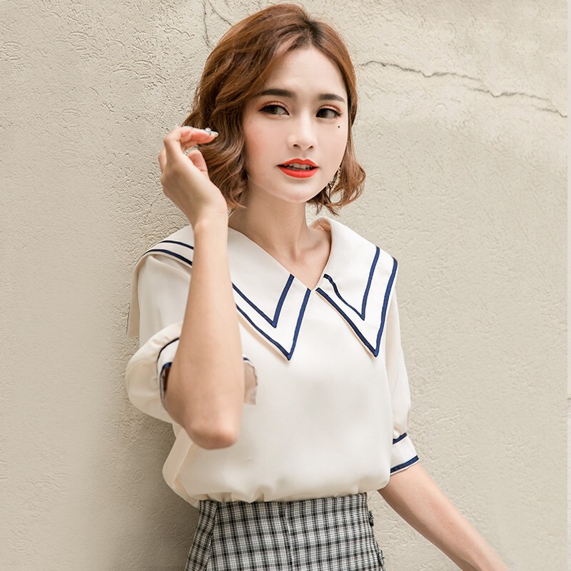 夏装2018韩版宽松女娃娃小衫雪纺衫短袖v领遮肚子上衣服