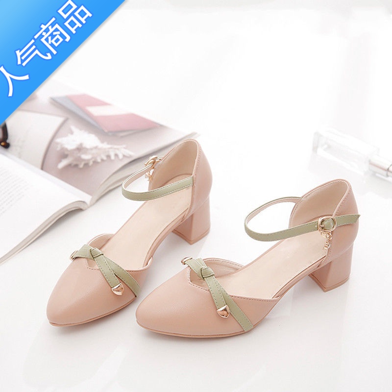 SUNTEK中空凉鞋女夏2023新款中跟百搭粗跟一字扣仙女风高跟鞋包仙E高鞋高清大图