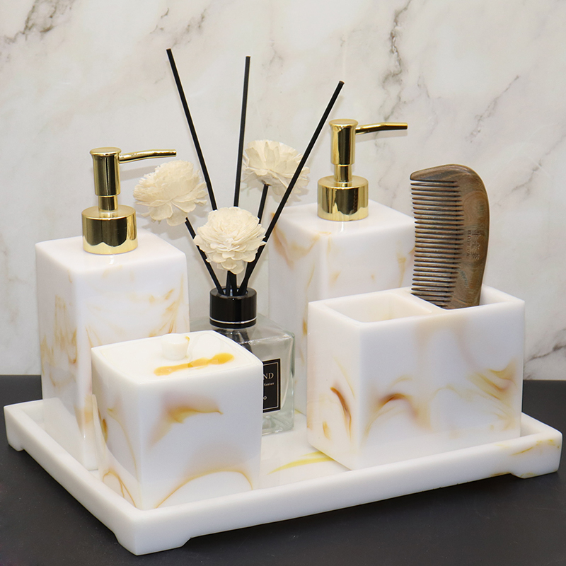 北欧酒店洗手液瓶闪电客大理石纹卫浴五件套卫生间洗漱套装托盘树脂