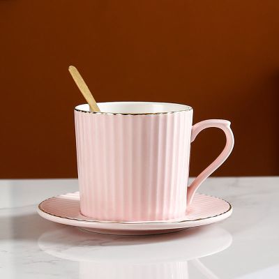 简约欧式奢华金边咖啡杯碟带勺高档陶瓷水杯家用办公下午茶花茶杯 粉红 杯+碟+勺