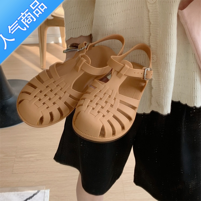 SUNTEK凉鞋女夏季仙女风果冻鞋韩系复古包头鞋镂空编织果冻鞋罗马沙滩鞋