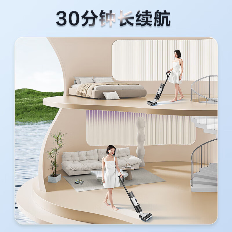美的(Midea)三贴边无尘感洗地机LC100 无线家用吸尘洗拖一体机自动清洗 实时电解水滚刷防缠绕 深蓝 24年新款高清大图