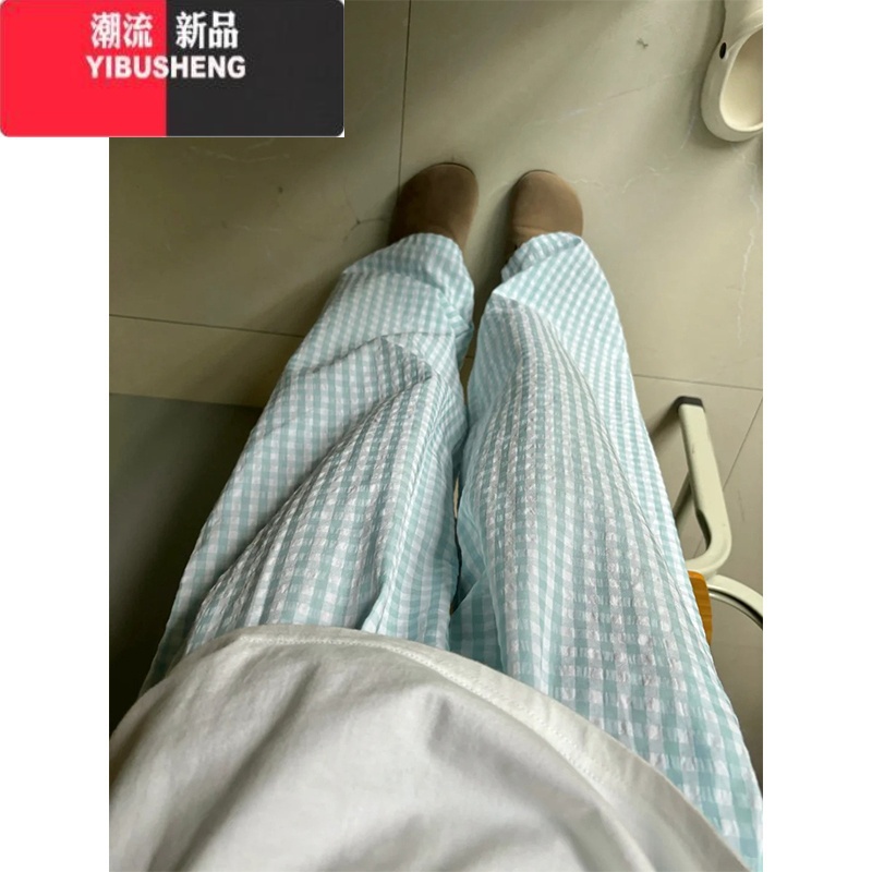 YIBUSHENG韩系冰丝蓝色格子阔腿休闲裤女季薄款小个子直筒宽松慵懒遛弯闲高清大图