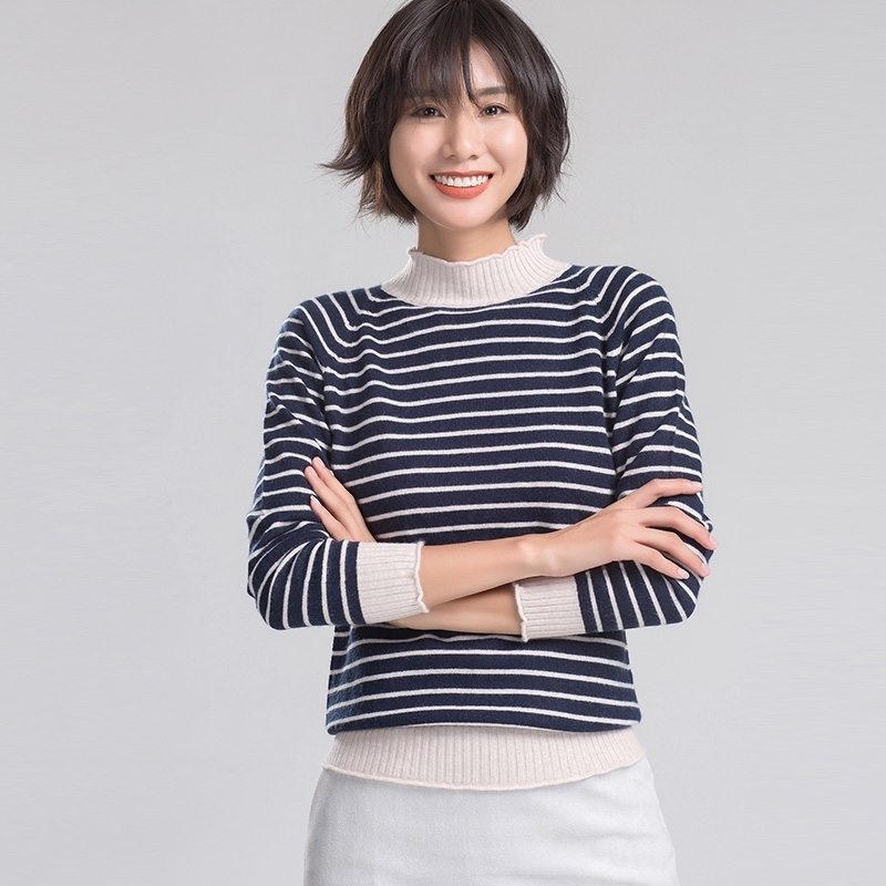 2017秋冬季新款羊绒衫女装半高领修身彩条韩版加厚套头针织衫