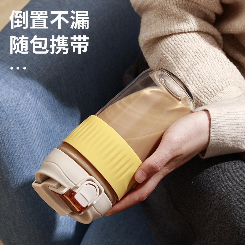 胭脂粉650ml[吸管/塑料] 双饮玻璃水杯女带吸管便携咖啡杯茶杯带盖简约耐隔热夏季随行杯子
