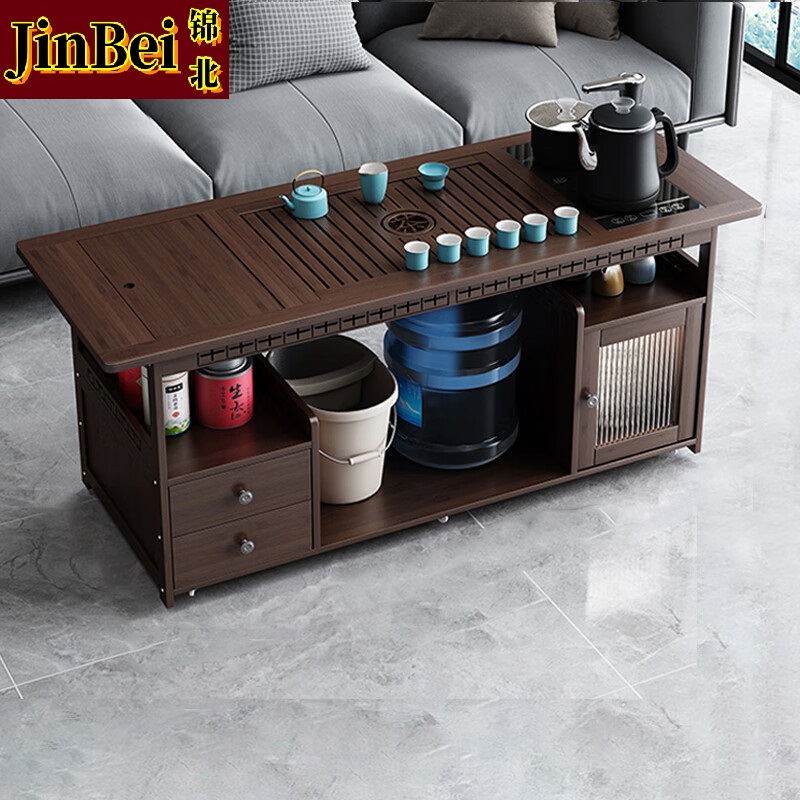 锦北 移动茶台家用竹木小茶桌烧水壶一体简约现代功夫茶几 120长茶字面防烫电器+孔雀茶具高清大图