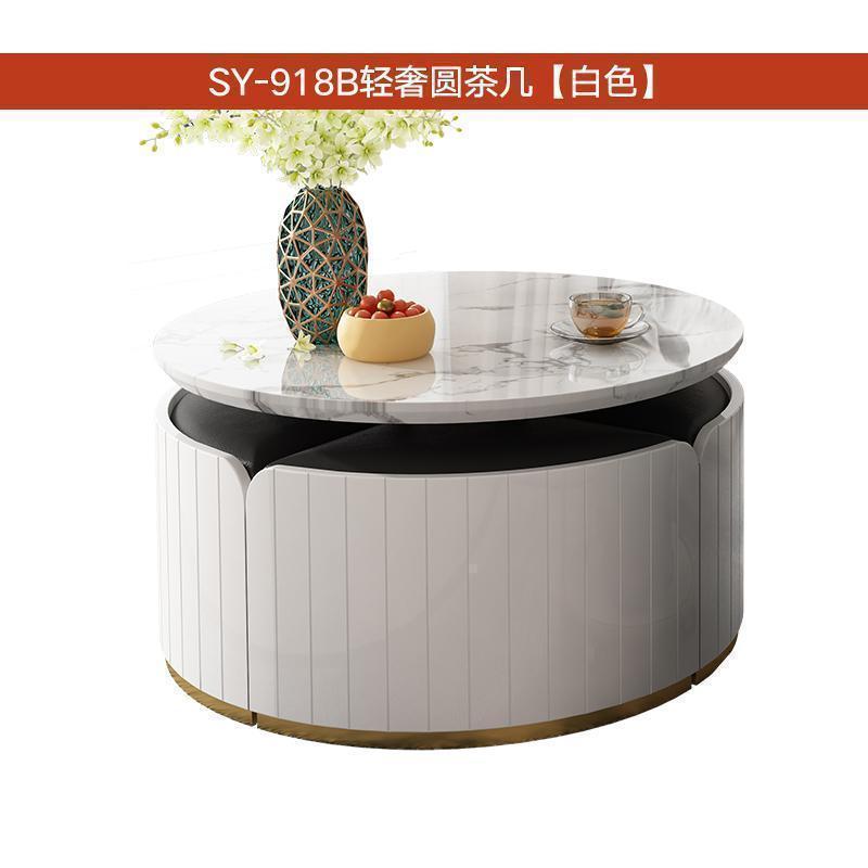 森美人阳台小茶台茶桌椅组合家用多功能功夫轻奢圆形火烧石茶几移动茶车 圆茶几（白色镀金）整装