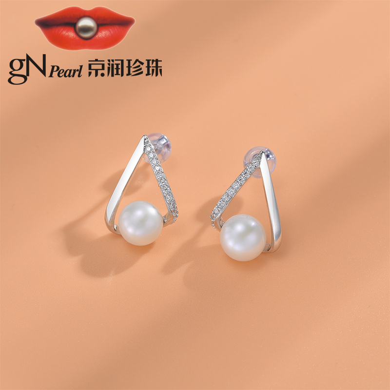 京润珍珠耳钉依柔925银淡水珍珠耳饰78mm馒头形时尚简约女珠宝参数