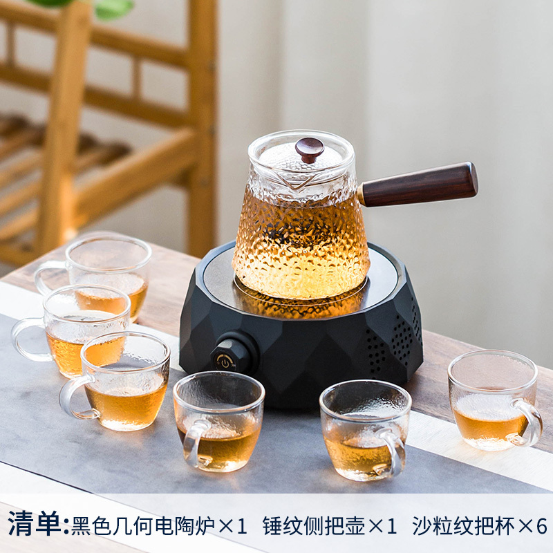 电陶炉煮茶玻璃茶壶家用日式抖音茶具烧水壶煮茶器泡茶煮茶炉套装 黑色《几何》电陶炉+圆形《蒸》侧把1壶6杯