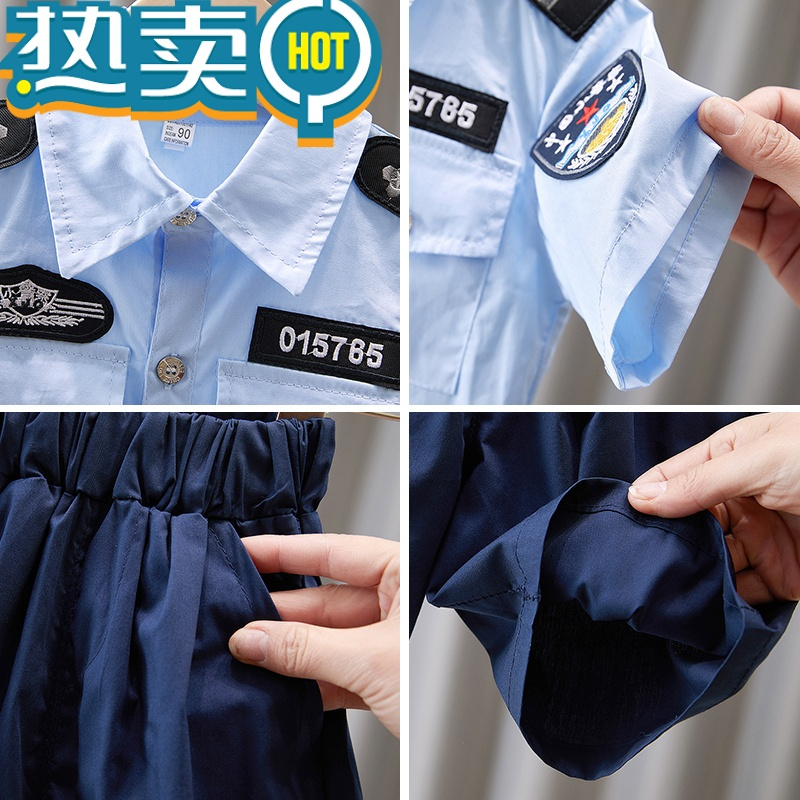 绿彩虹光男童套装夏季2023新款洋气儿童男孩六一短袖衣服宝宝警长演出服潮