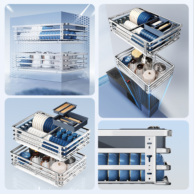 拉篮厨房橱柜304不锈钢双层抽屉式碗碟架柜内收纳调味料碗篮高清大图