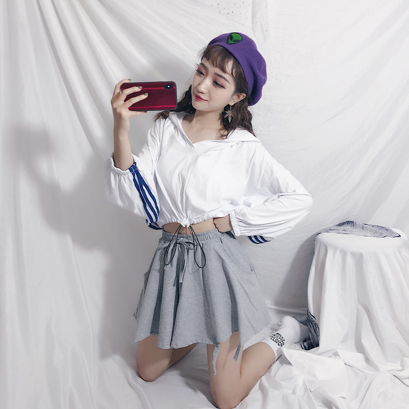 时尚套装女夏2018新款韩版宽松长袖短款T恤上衣+阔腿短裤裙两件套