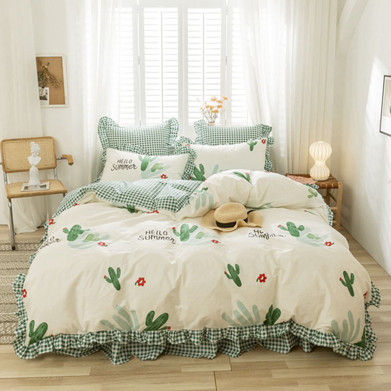 美帮汇四件套全棉全棉床单被套床笠三件套少女心公主风床上用品 仙人掌 1.5m床【床单款四件套，适合200x230cm被芯】