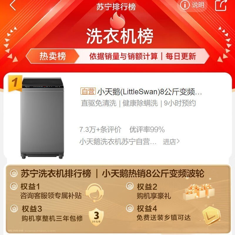 小天鹅(LittleSwan)8公斤直驱变频波轮洗衣机全自动不锈钢内桶免清洗家用健康除螨洗多种洗涤程序TB80V23DB