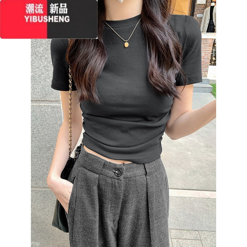 YIBUSHENG灰色正肩T恤女独特褶皱修身短上衣季小众设计感美式辣妹短袖潮