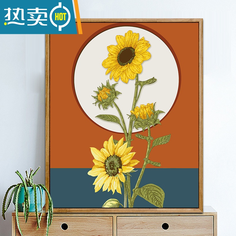 敬平数字油画diy油彩画小清新填色画向日葵手绘减压客厅装饰画装饰画 军绿色向日葵2 40*50配成品外框黑色画板+高光颜料+画笔+无痕钉