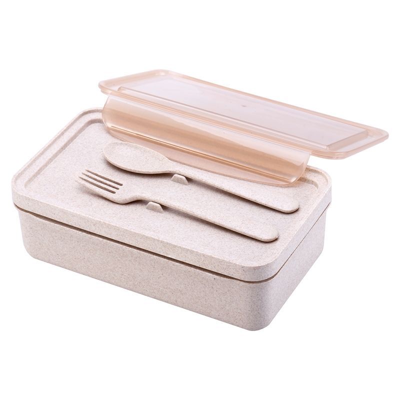圆形饭盒950ml麦色带勺 爱思得微波炉加热饭盒保鲜便当盒上班族大容量分隔塑料碗带盖带