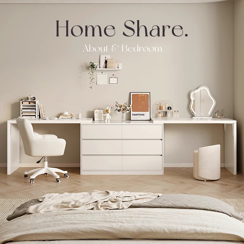 梳妆台卧室简约现代奶油风电脑书桌斗柜化妆台一体床尾转角化妆桌