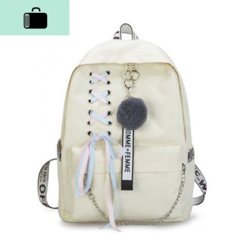 2020新款韩版女链条帆布简约双肩包初中学生高中大学生书包潮NEW LAKE 1012【送毛球加厚】米白色