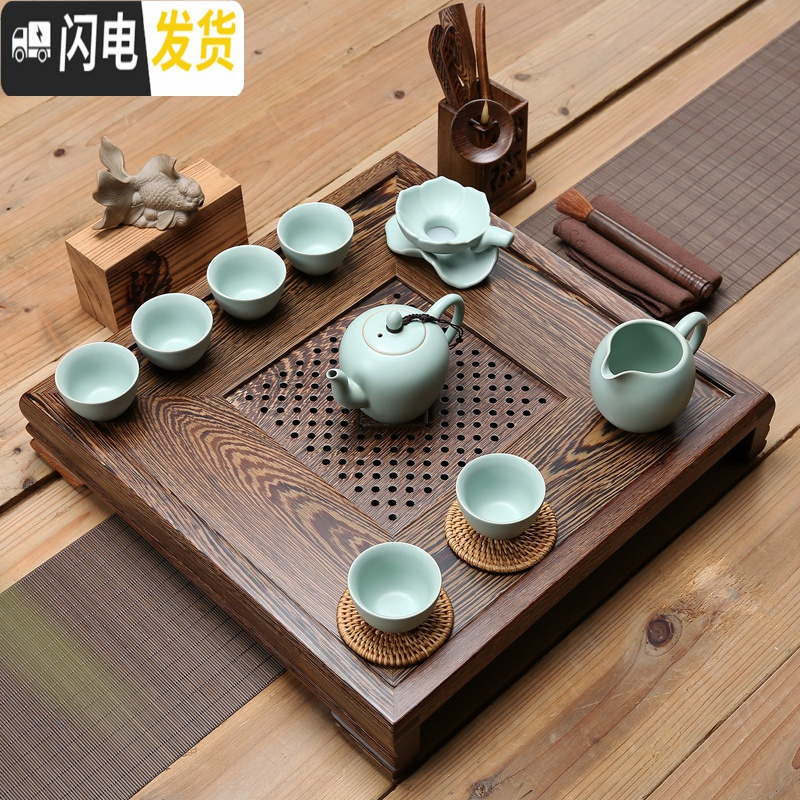 三维工匠鸡翅木茶盘茶具套装整套功夫紫砂茶壶茶杯实木简约茶海茶台 鸡翅大功夫+紫砂大富 21件