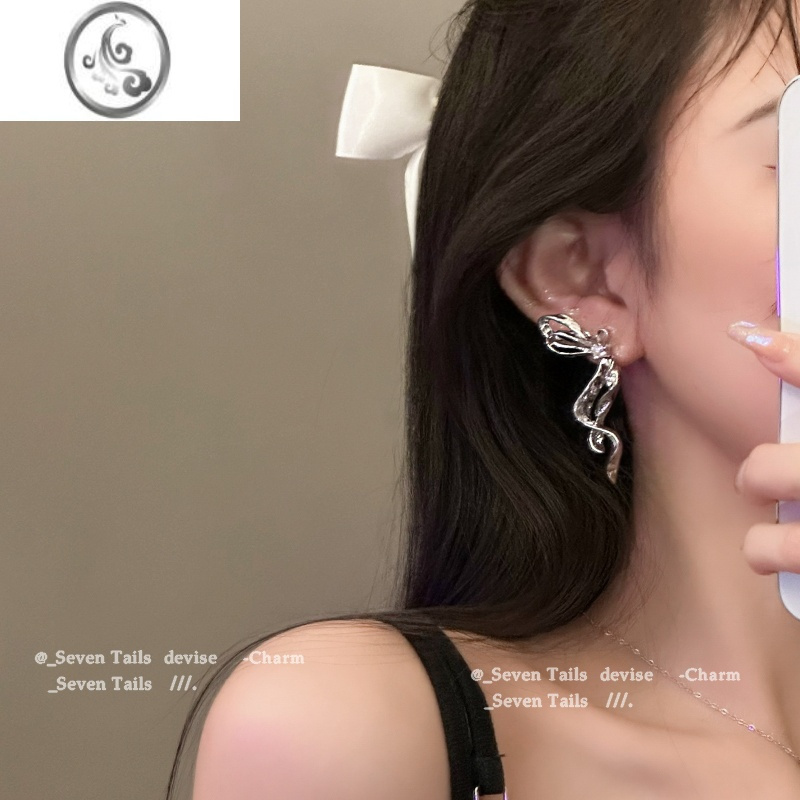 JiMi甜辣风金属半边蝴蝶结耳环女个性夸张长款冷淡风耳钉网红新款耳饰