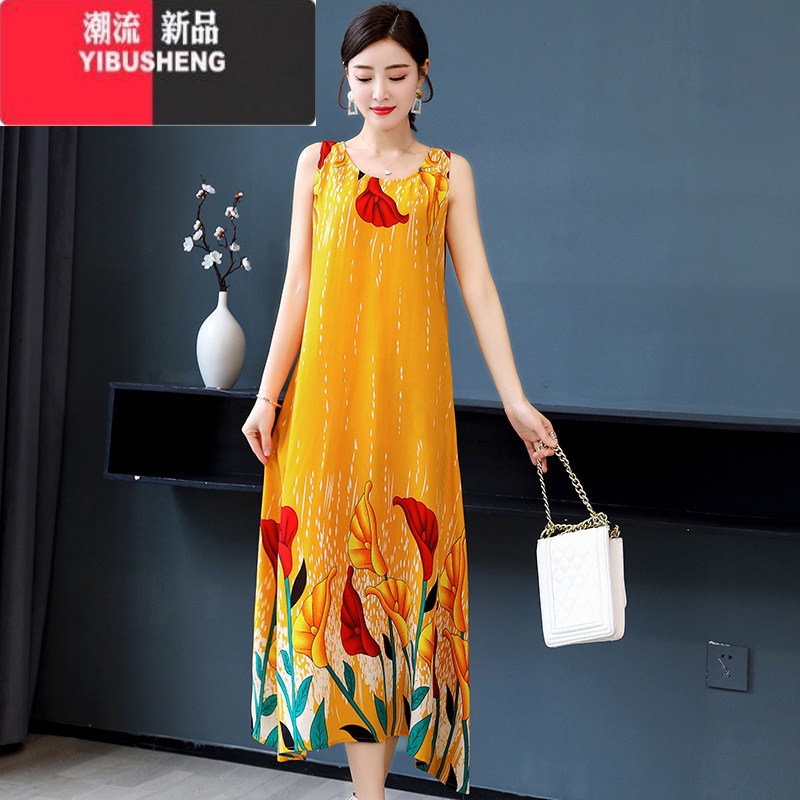 YIBUSHENG中年妈妈装棉绸连衣裙女装无袖中长款宽松大码显瘦沙滩大摆裙子高清大图