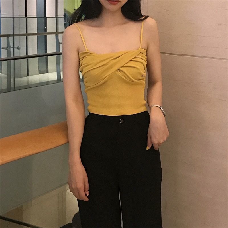 夏季性感交叉裹胸吊带背心女外穿打底衫修身无袖露胸短款上衣女装黄色