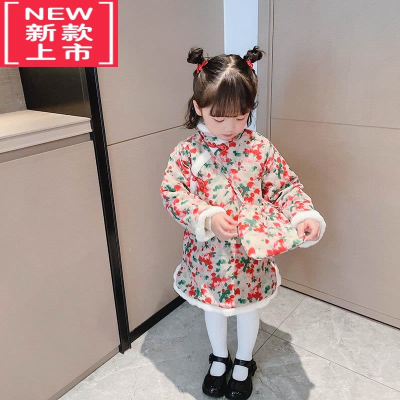 可莉允女童加厚保暖旗袍裙棉衣冬装中国风女宝宝冬季夹棉碎花唐装拜年服棉服图片