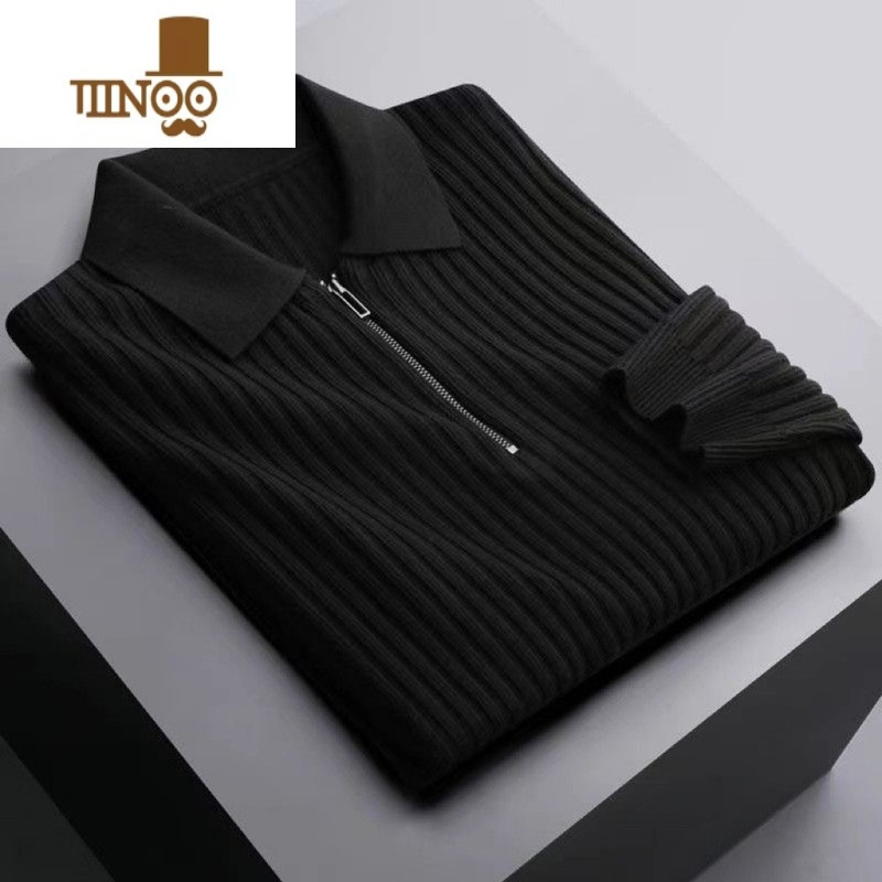 YANXU翻领针织polo衫保暖坑条毛衣男士轻奢商务半拉链针织衫上衣潮高清大图