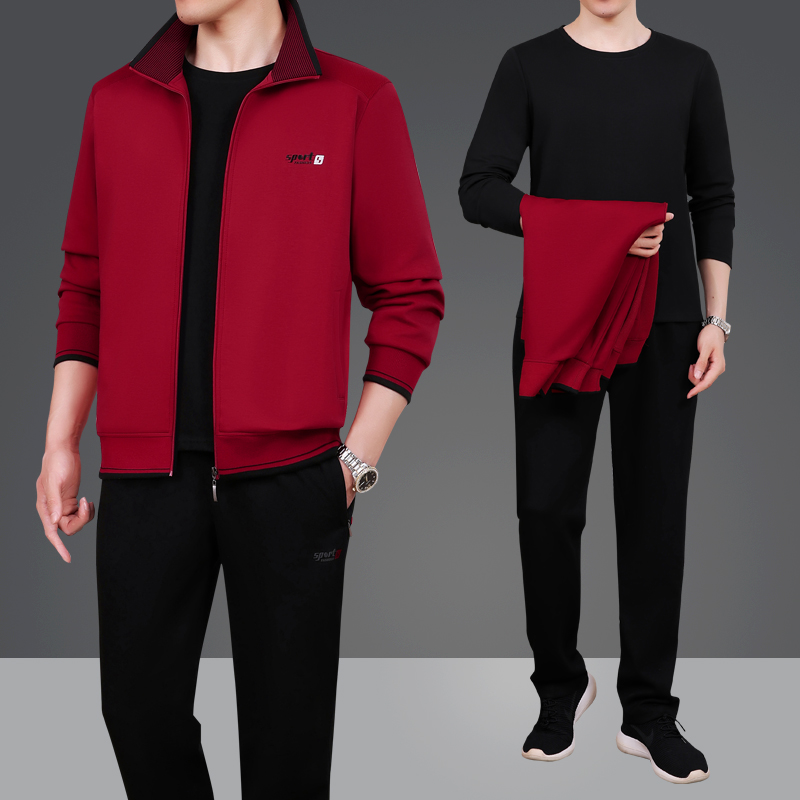 恒源祥名牌中年男士春季运动服套装新款中老年爸爸春秋装休闲外套 暗红/内搭长袖 L建议100-120斤