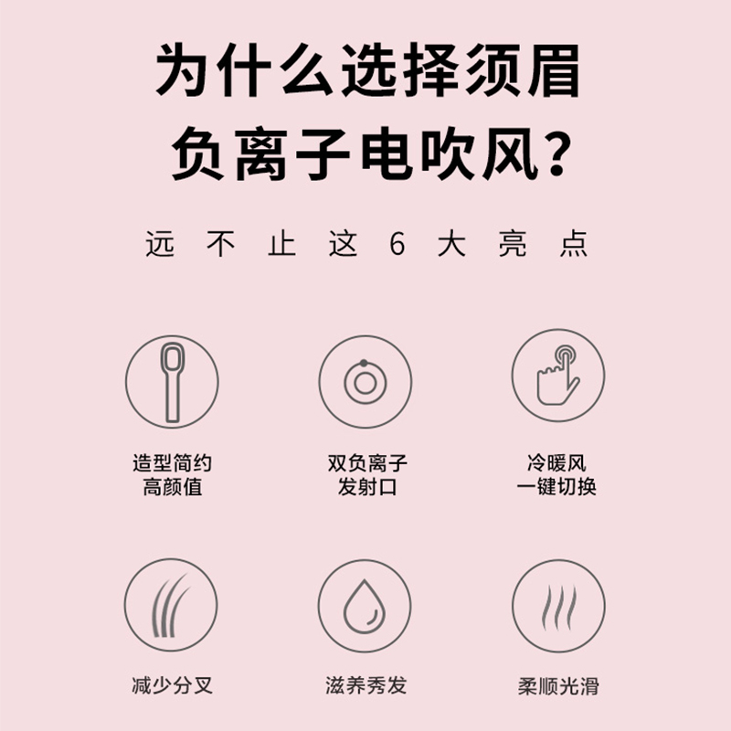 须眉电吹风SH-A163(粉色)1600W大功率2档可调 双倍负离子 大风量速干吹风机