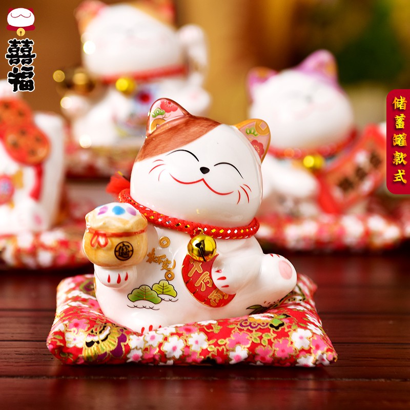 猫摆件存钱储蓄小号陶瓷前台礼品白色创意家居装饰4.5寸 三维工匠 4.5寸五福猫-白色一套5款猫高清大图