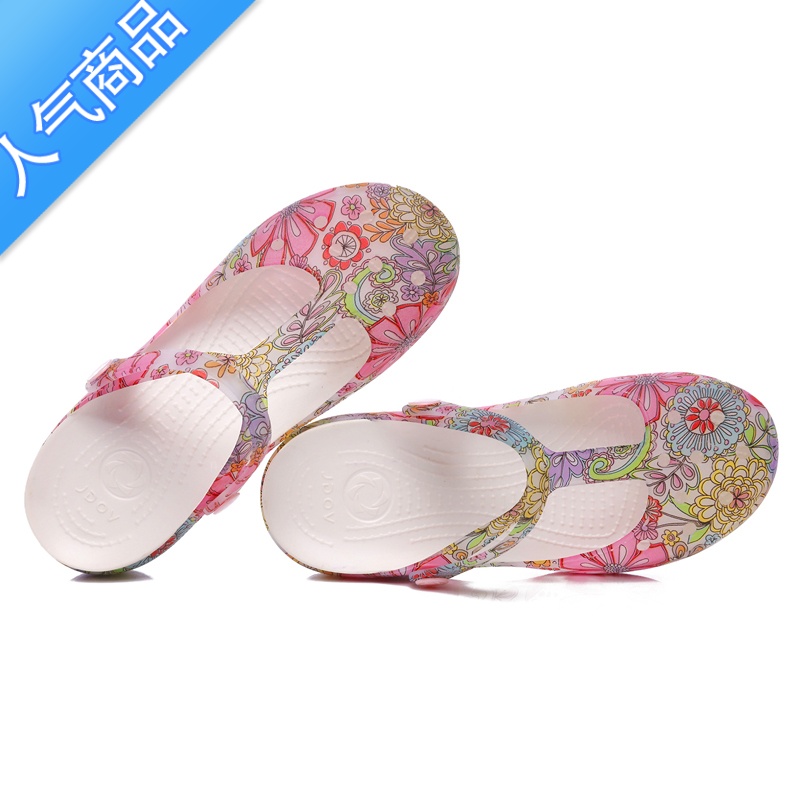 SUNTEK2020新款洞洞鞋女夏百搭韩版厚底防滑孕妇平跟印花果冻沙滩凉鞋高清大图