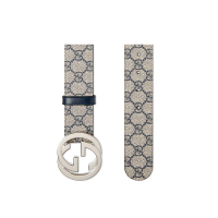 GUCCI/古驰 腰带 男款经典款大logo双G印花米蓝帆布银扣