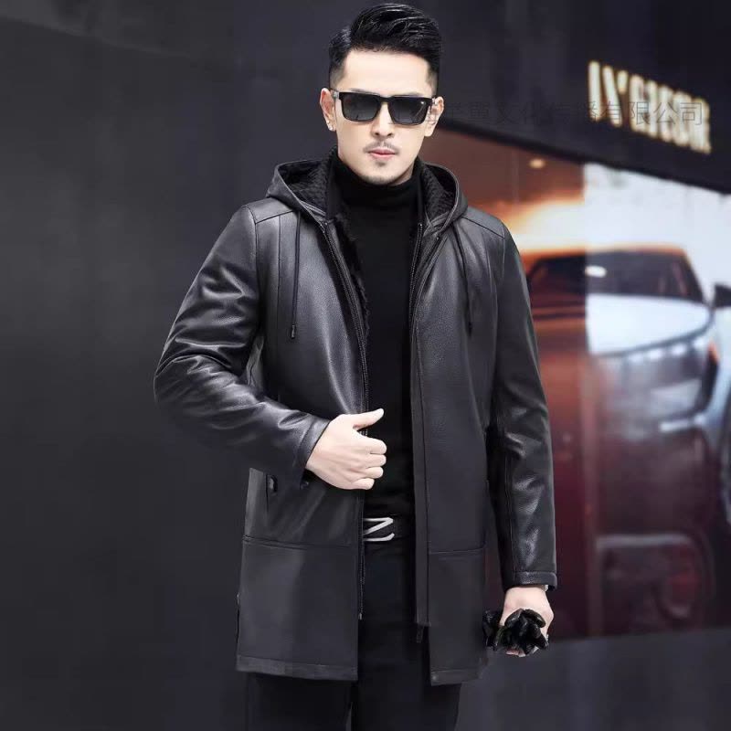 举翼王子水貂内胆男士皮衣真皮头层山羊皮连帽海宁皮草中长款脱卸内胆外套图片