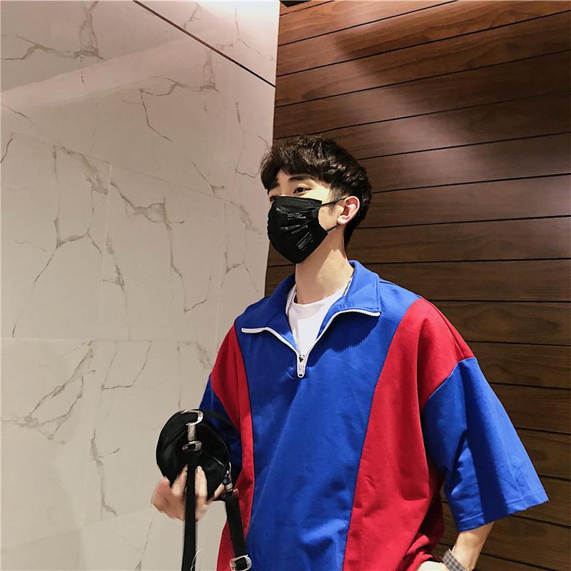 夏款年轻七分袖体恤衫宽松拼色 短袖港风T恤翻领男装黑白撞色学生