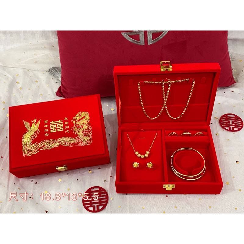 YICHENG结婚三金黄金首饰盒嫁妆珠宝套盒五金饰品盒套链手镯盒婚嫁陪嫁盒图片