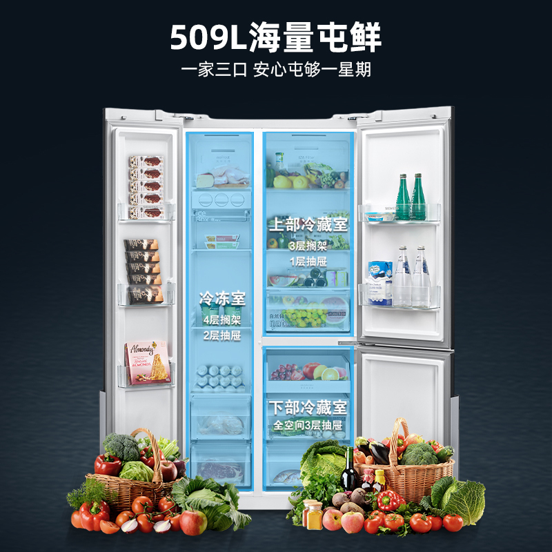 [官方正品]西门子509升对开门冰箱风冷无霜超薄易嵌T型对开三门冰箱劲速回鲜旋转制冰KA92NE220C 以旧换新