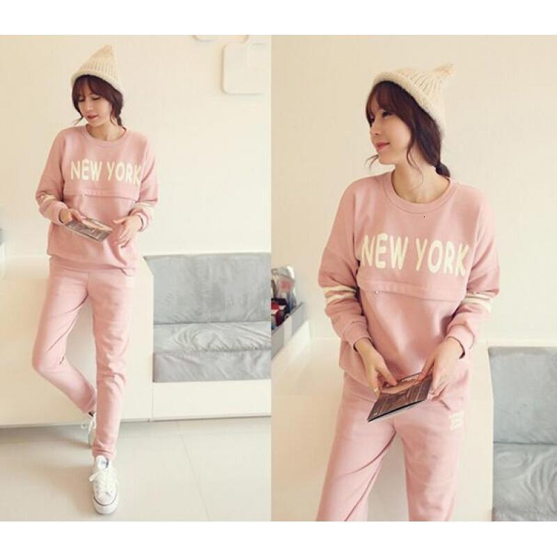 迪鲁奥(DILUAO)哺乳衣外出秋装 孕妇装秋外出哺乳衣套装月子服卫衣哺乳套装喂奶衣 112粉色 均码